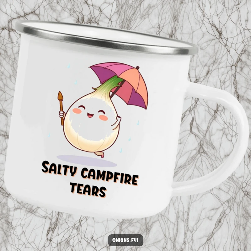 Funny camping mug showing an onion character dancing in salt rain under a tiny umbrella, perfect for humorous outdoor moments.