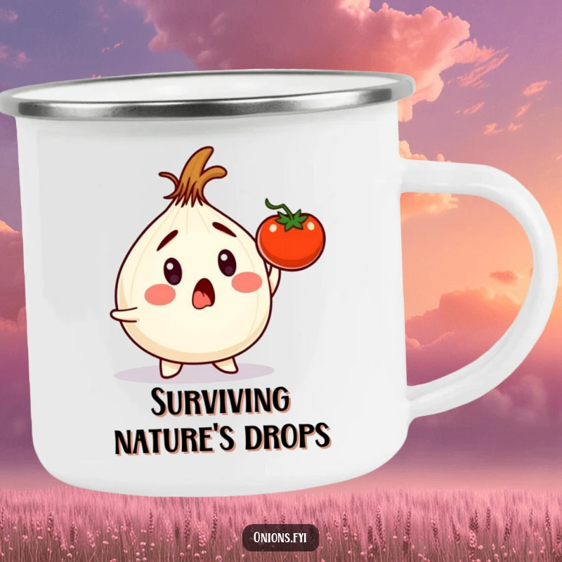 Funny onion character in a camping mug, narrowly avoiding a falling tomato, a humorous outdoor accessory.
