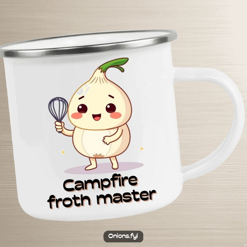 Funny camping mug showing an onion character whipping a bubbly mixture, ready for camp cooking and hot drinks.