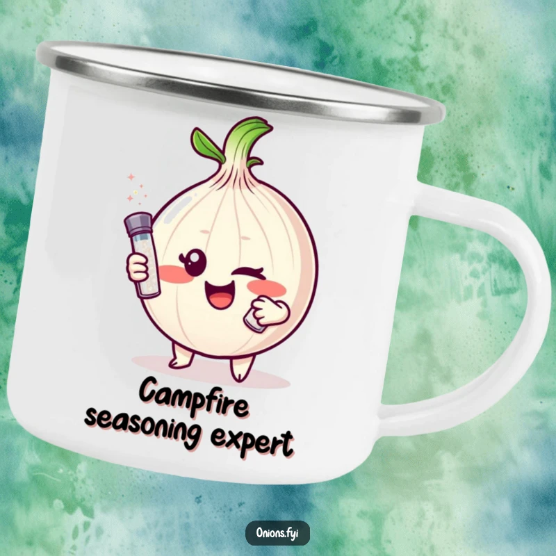 Funny Onion Camping Mug: Mischievous onion character winks, holding a tiny salt shaker, perfect for outdoor fun.