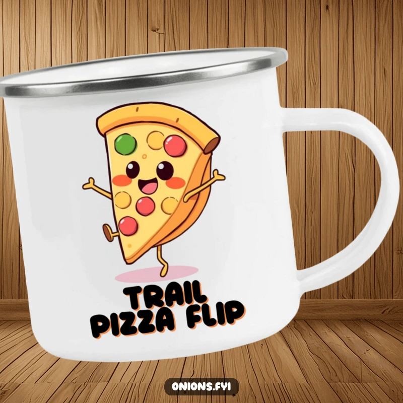Funny pizza camping mug, a smiling pizza slice with tiny legs doing a cartwheel, durable and amusing.