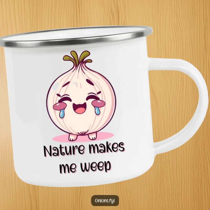 Funny rainbow tears onion camping mug, a smiling onion character crying vibrant rainbow tears, fun outdoor drinkware.