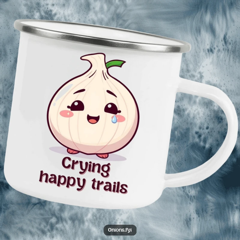 Funny camping mug with a smiling onion character shedding a single, sparkly tear, designed for emotional enjoyment outdoors.