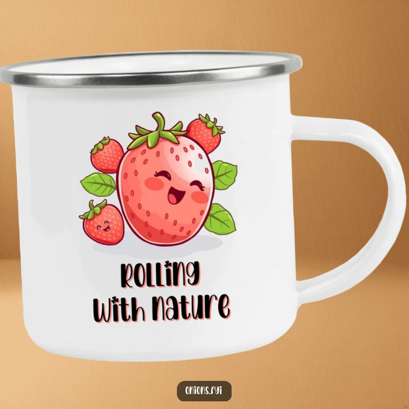 Funny camping mug with a cheerful strawberry rolling downhill, perfect for outdoor enthusiasts seeking joy. Durable and fun.
