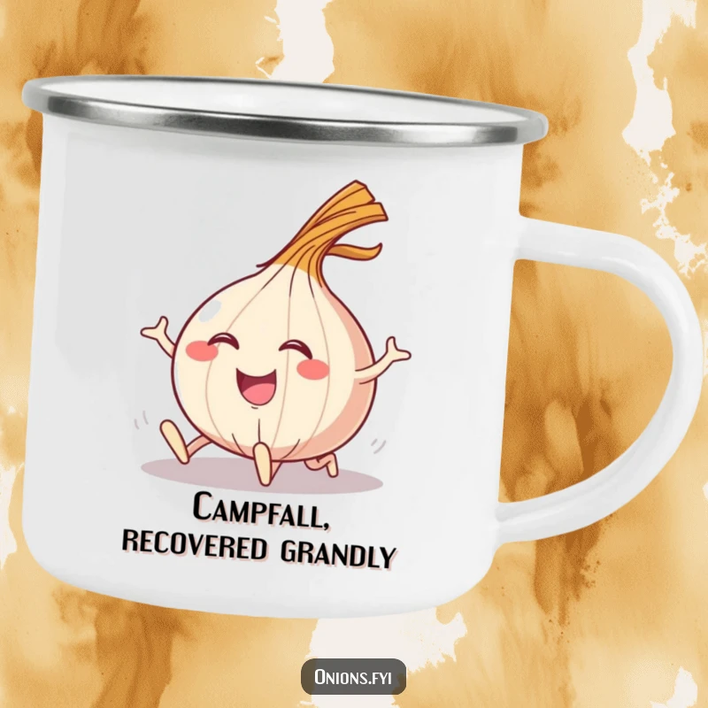 Funny camping mug with a happy onion character tripping and landing with a comical flourish.