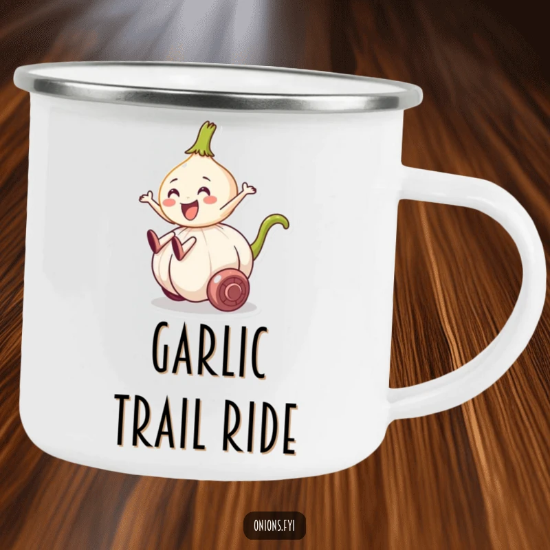 Funny camping mug showing an onion character riding a rolling garlic clove, perfect for humorous outdoor adventures.