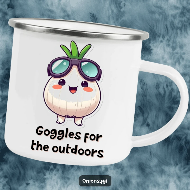 Funny goggle onion camping mug, an onion character wearing oversized goggles, looking surprisingly happy, fun outdoor drinkware.