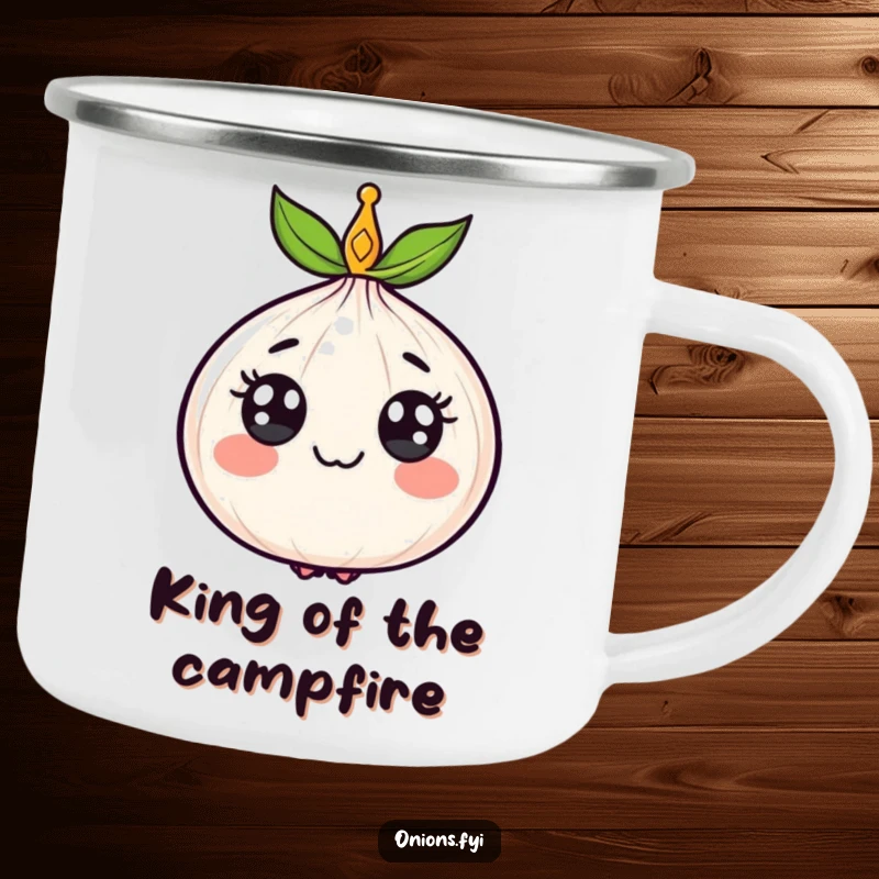 Funny camping mug featuring a happy, crowned onion, perfect for enjoying drinks with regal vegetable humor outdoors.