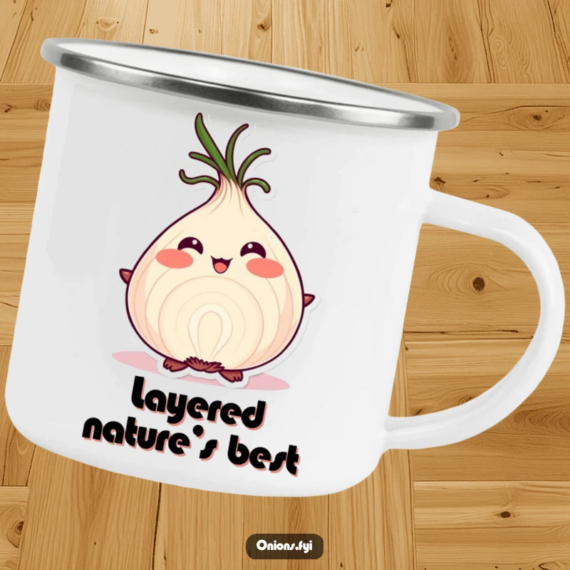 Funny onion character blushing proudly on a camping mug, showcasing its layers.