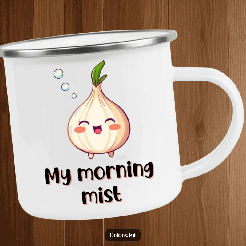 Funny Onion Camping Mug showcasing a happy onion blowing a stream of tiny bubbles, great for outdoor use.