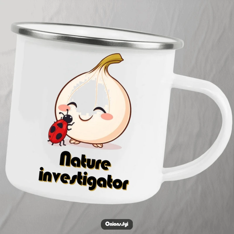 Funny Curious Onion Camping Mug with a smiling onion and antennae examining a ladybug, for outdoor use.