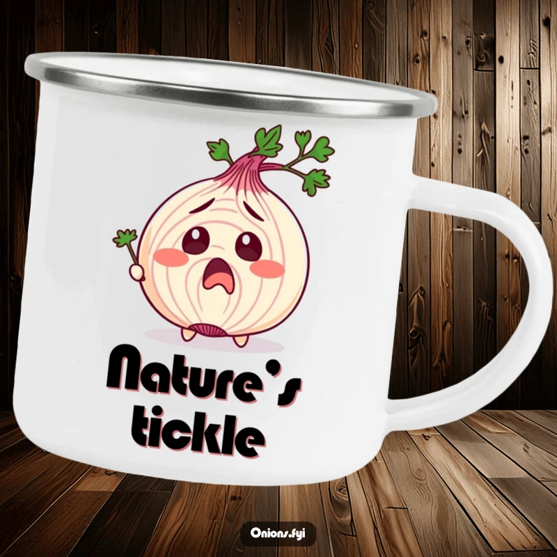 Funny camping mug with an onion character in exaggerated surprise, being tickled by parsley, perfect for outdoor fun and a funny gift.
