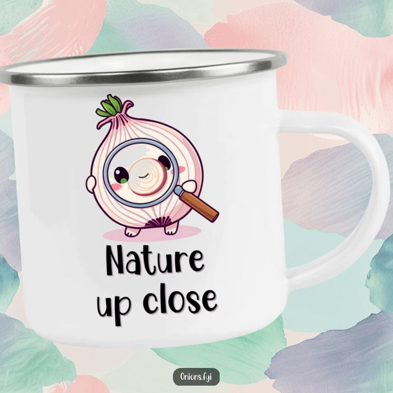 Funny camping mug showing an onion character using a magnifying glass to examine a tiny onion slice, perfect for outdoor scrutiny.