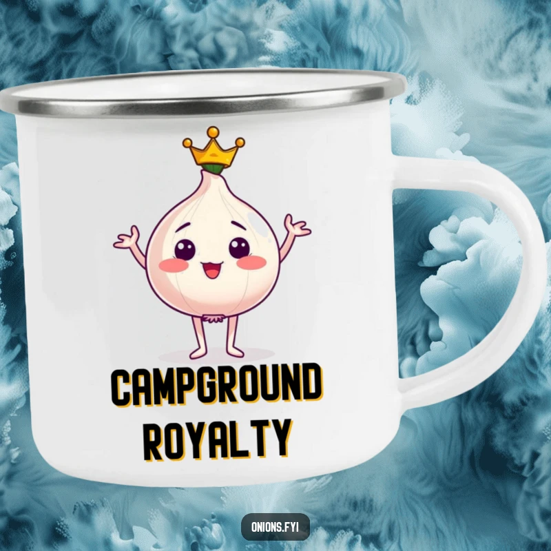Funny camping mug showing a proud onion character wearing a tiny crown and striking a regal pose, perfect for outdoor majesty.