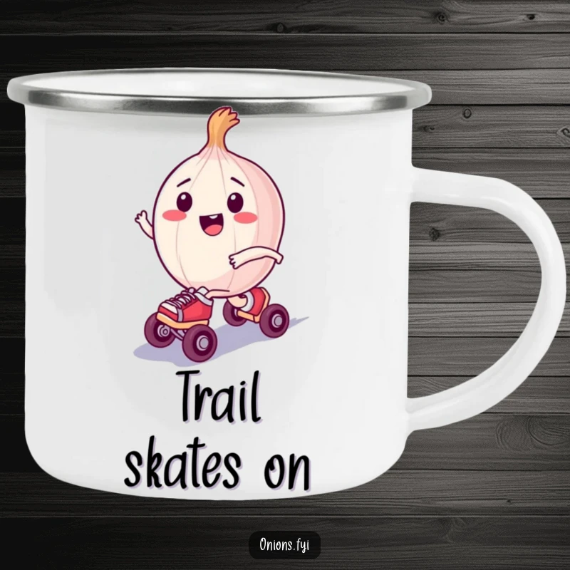 Funny camping mug showing a happy onion character on tiny roller skates, zooming with joy, perfect for outdoor fun.