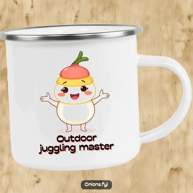 Funny Onion Juggling Camping Mug: An adventurous onion juggling cheerful layers, ready for any outdoor escapade.