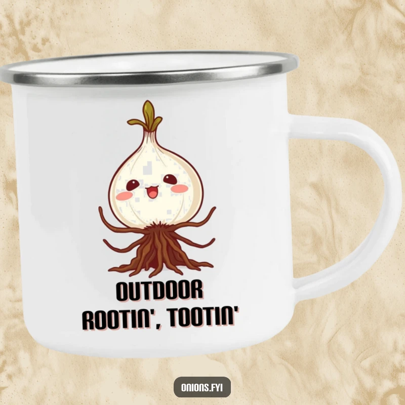 Funny kawaii onion camping mug, roots in a silly caper, durable and humorous enamelware for outdoor enthusiasts.