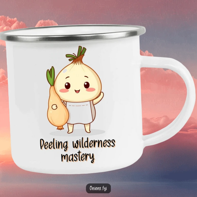 Funny camping mug featuring an onion chef proudly presenting a peeled root vegetable, ideal for outdoor cooks with a sense of humor.
