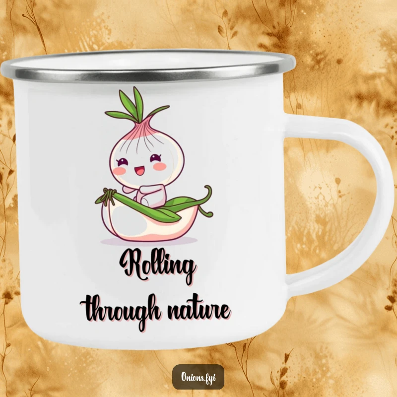 Funny Onion Camping Mug: Playful onion character bounces on a tiny rolling pea, perfect for fun outdoors.