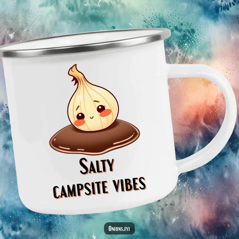 Funny camping mug featuring a curious onion character wading into a large blob of soy sauce, ready for exploration.