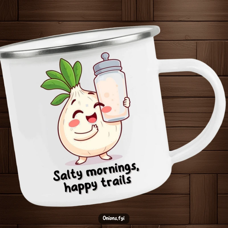 Funny Onion Camping Mug: A winking kawaii onion with a huge salt shaker, ready for campfire stories and laughs.