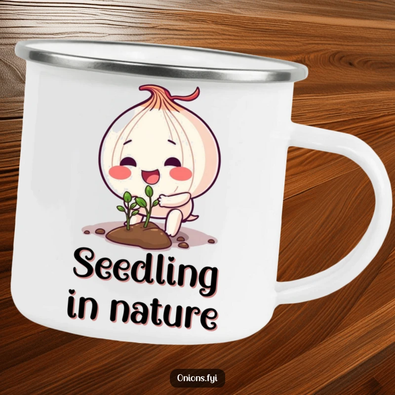Funny camping mug showing an onion character actively planting a tiny seedling, perfect for outdoor enthusiasts.