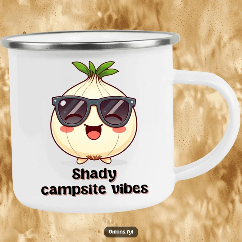 Funny Onion Camping Mug: Giggling onion character wearing oversized comical sunglasses, perfect for cool outdoor fun.