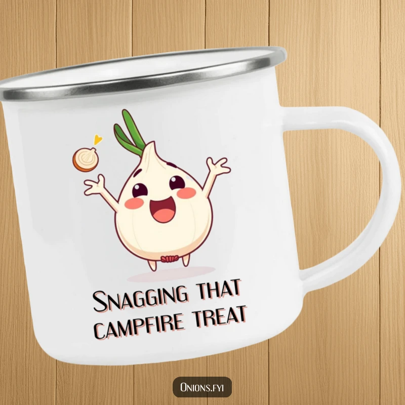 Funny onion character excited, arms outstretched catching onion slice, camping mug, outdoor enthusiasm, funny gift.