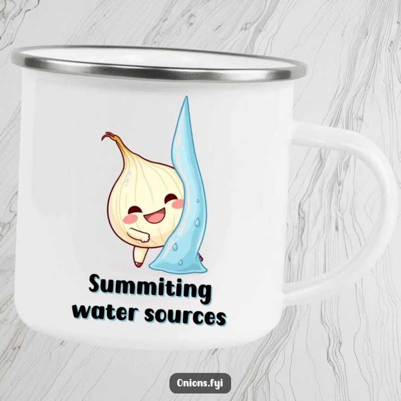 Funny Onion Camping Mug: Determined onion character climbs a giant water droplet, symbolizing outdoor challenges.