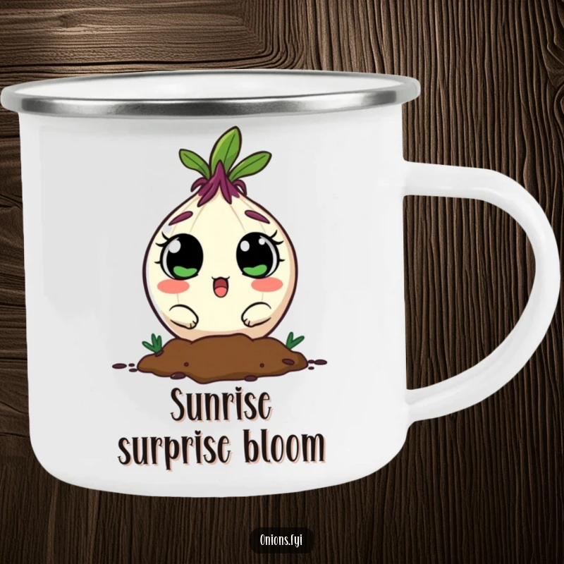 Funny onion character peeking from soil with surprised eyes on a durable camping mug.