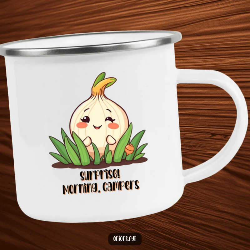 Funny camping mug featuring a cheerful onion peeking from a garden patch, ready for any adventure.