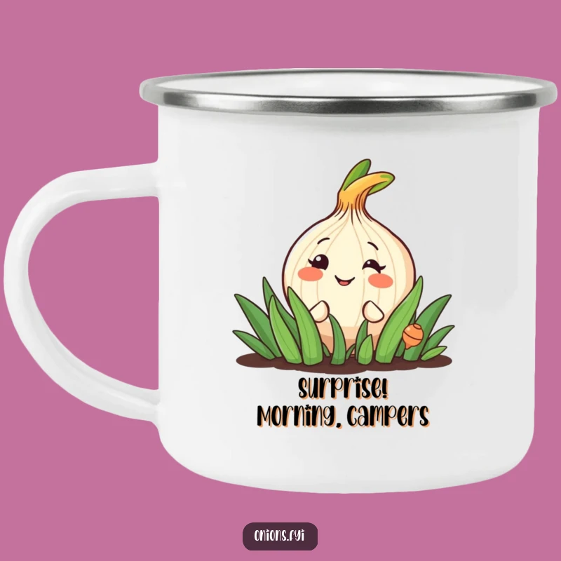 Funny Peeking Onion Camping Mug: Cheerful Garden Grin Outdoors!