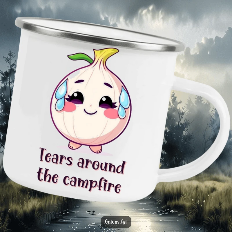 Funny camping mug with a smiling onion character wearing comical tears as earrings, bringing emotional humor outdoors.