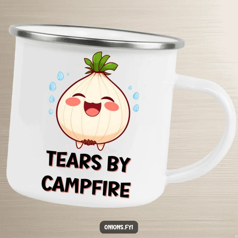 Funny camping mug with an enamel finish, showing a laughing onion character spraying water droplets during a hearty, tearful laugh.
