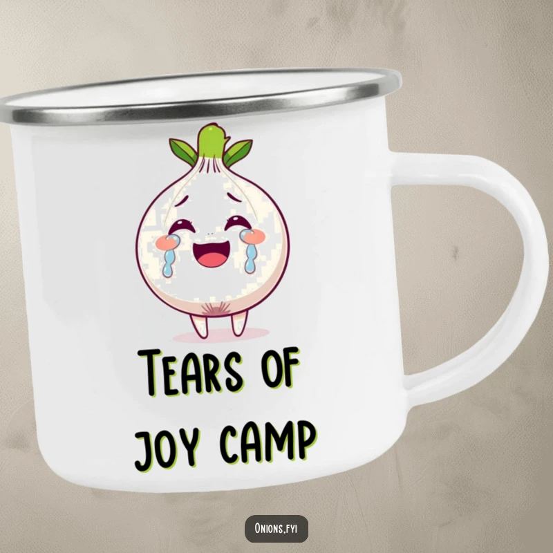 Funny camping mug featuring an onion character crying tears of joy, for those who appreciate emotional moments outdoors.