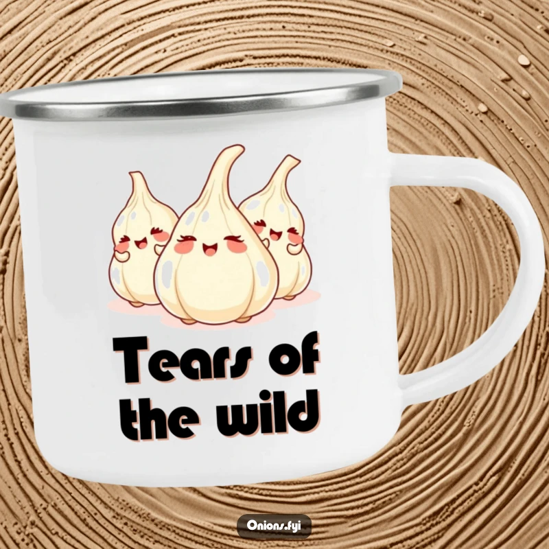 Funny camping mug with giggling onions playing hide-and-seek, perfect for outdoor enthusiasts who love a laugh.