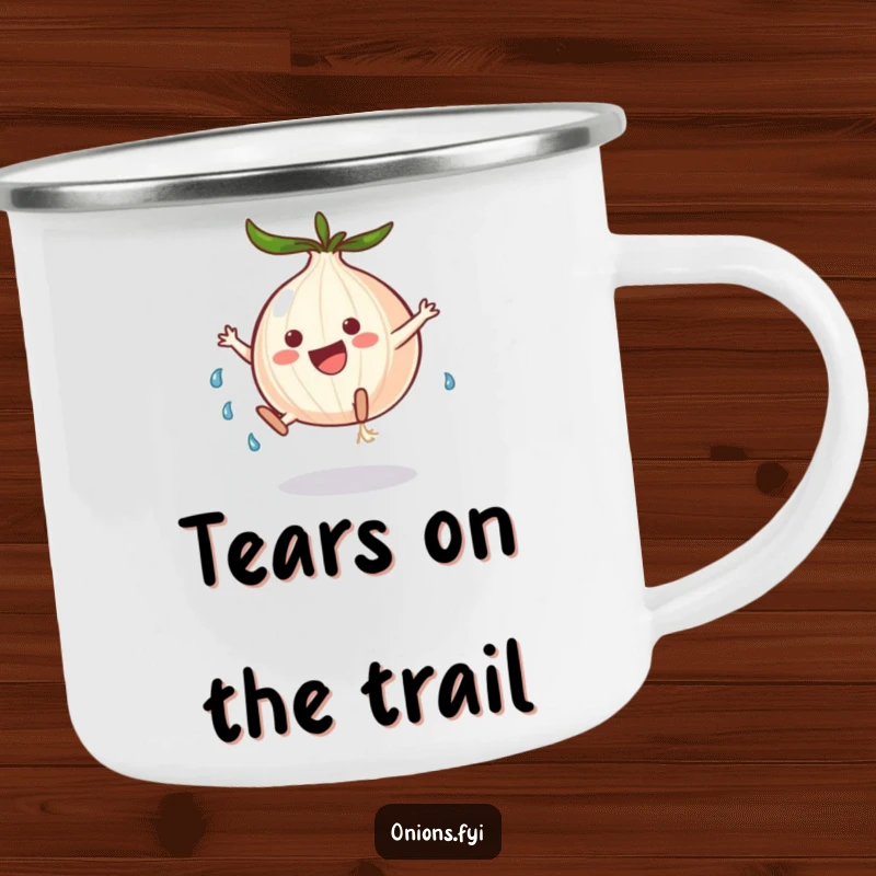 Funny onion character doing a cartwheel with tears, a durable and humorous camping mug for outdoor enthusiasts.