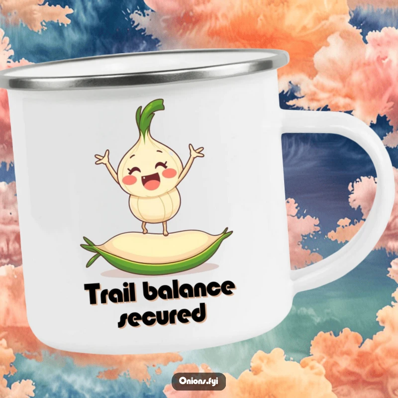 Funny onion character balancing on a rolling pea, a durable and humorous camping mug for outdoor enthusiasts.