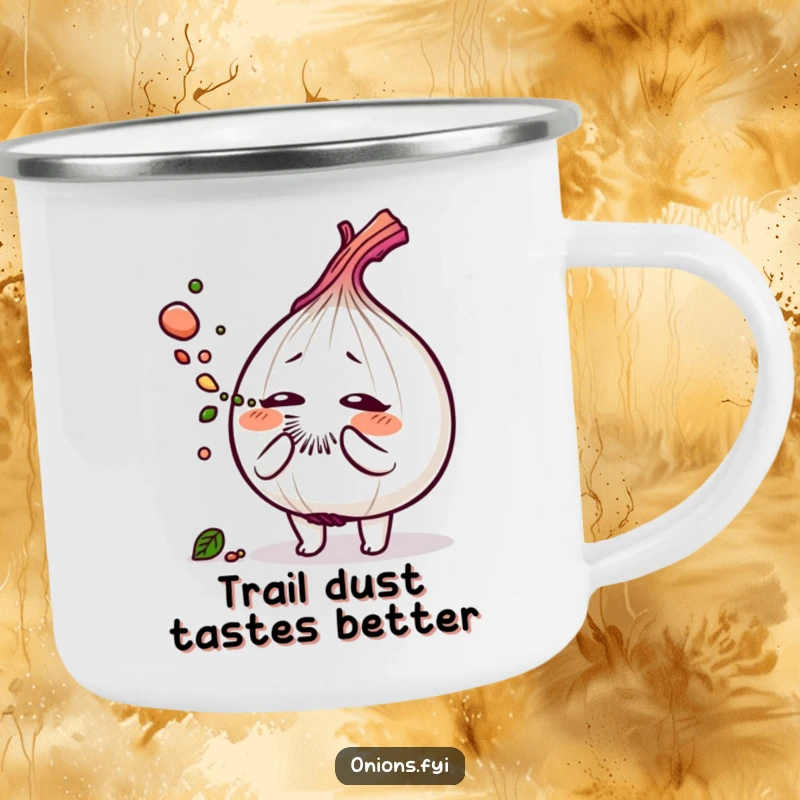 Funny camping mug with an onion character sneezing a dust cloud of herbs, ready for campfire stories.