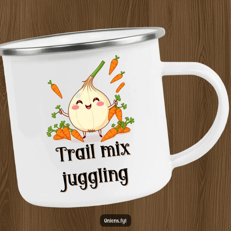 Funny Kawaii Onion Juggling Camping Mug: Cute onion character juggling carrots with glee, ideal funny gift.