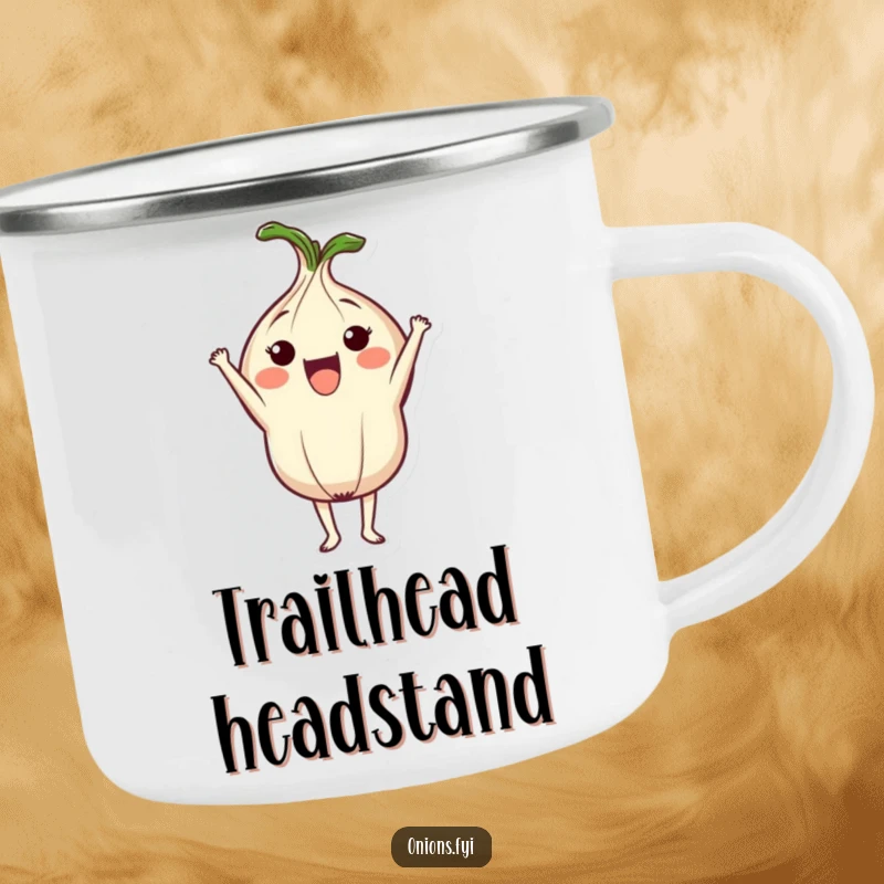 Funny camping mug featuring a cute onion character in a headstand, bringing a humorous and durable companion for outdoor beverages.