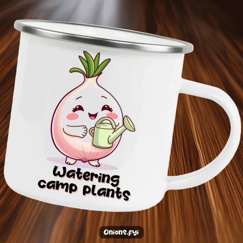 Funny Camping Mug: Proud onion character holding a tiny watering can, bringing gardening humor to outdoor adventures. A durable funny gift.