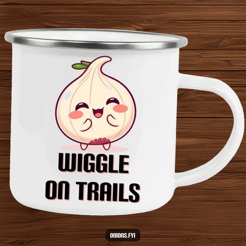Funny Camping Mug: Kawaii onion character doing a funny wiggle, adding cute charm to outdoor adventures. A durable funny gift.