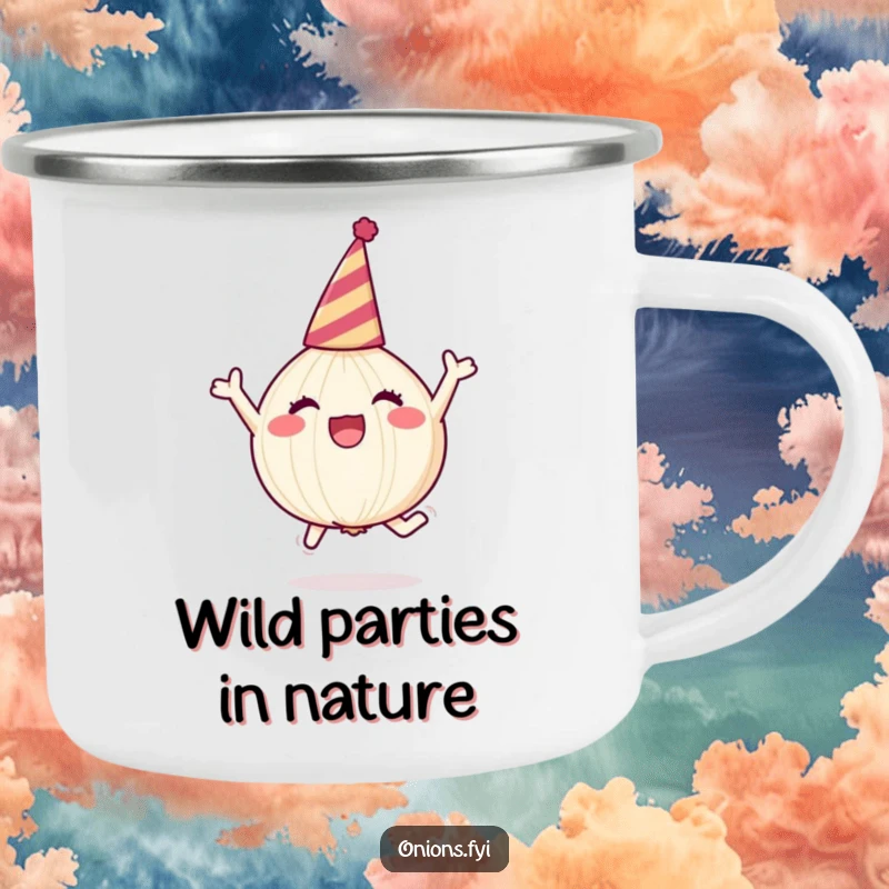 Funny onion character in party hat, leaping joyfully, camping mug, outdoor celebration, funny gift.