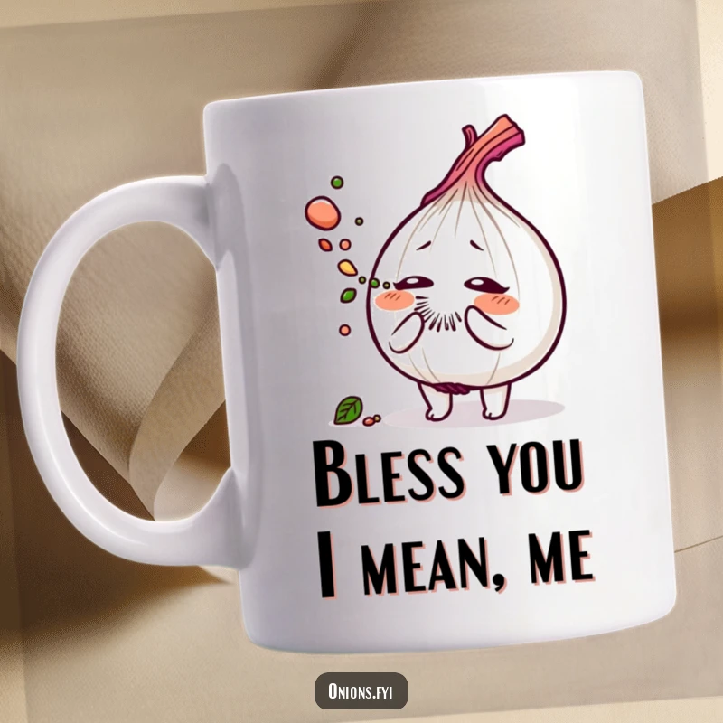 Funny mug featuring an onion character sneezing a cloud of savory herb dust, expressing a powerful, aromatic burst.