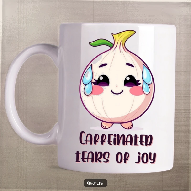 Funny mug featuring a smiling onion character wearing oversized, comical tears as earrings, symbolizing cheerful sadness.