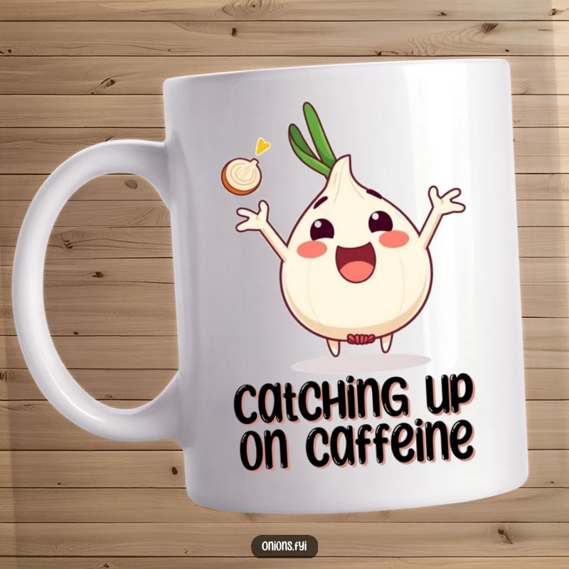 Funny excited onion character arms outstretched, catching onion slice, enthusiastic expression, funny mug gift.
