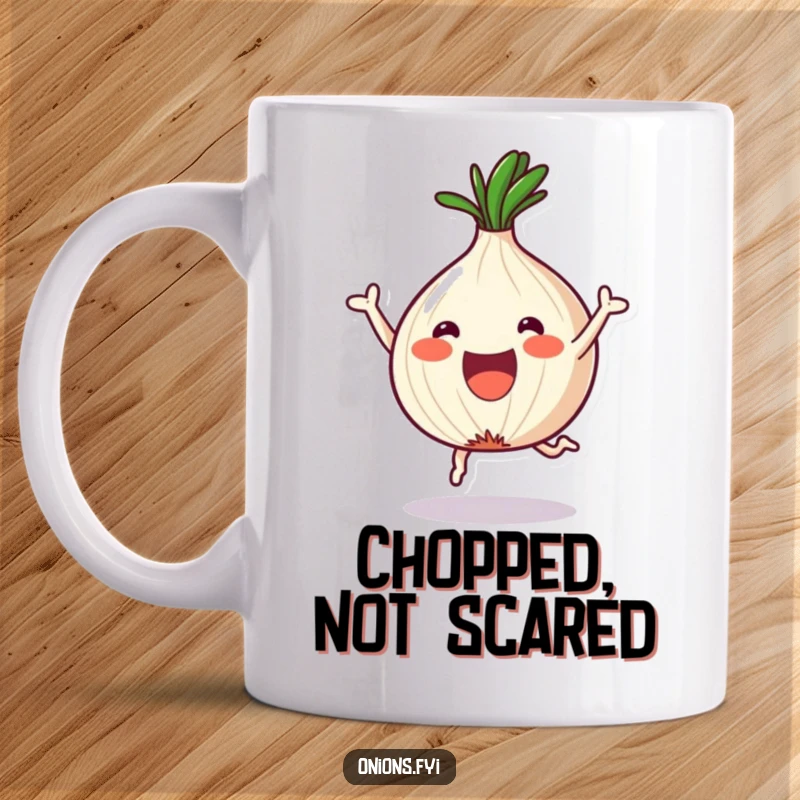Funny Chopped Onion Mug: A gleeful kawaii onion leaps for joy, joyfully chopped into amusing, fun shapes.