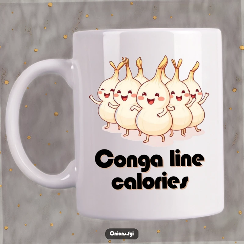 Funny happy onions dancing in a conga line formation on a mug, symbolizing festive celebration.