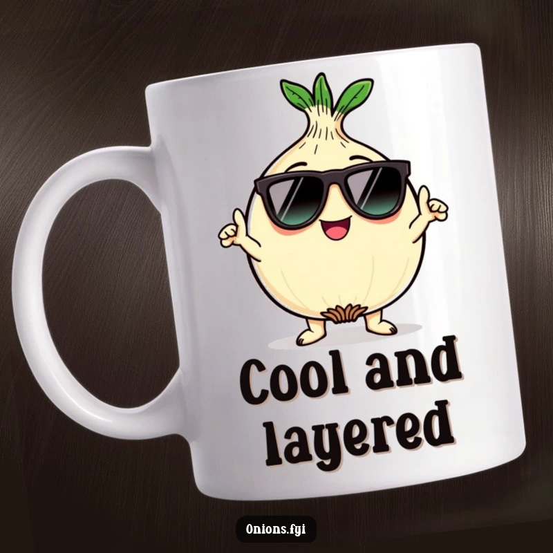 Funny kawaii onion character wearing sunglasses and striking a cool pose on a mug, a perfect funny gift.